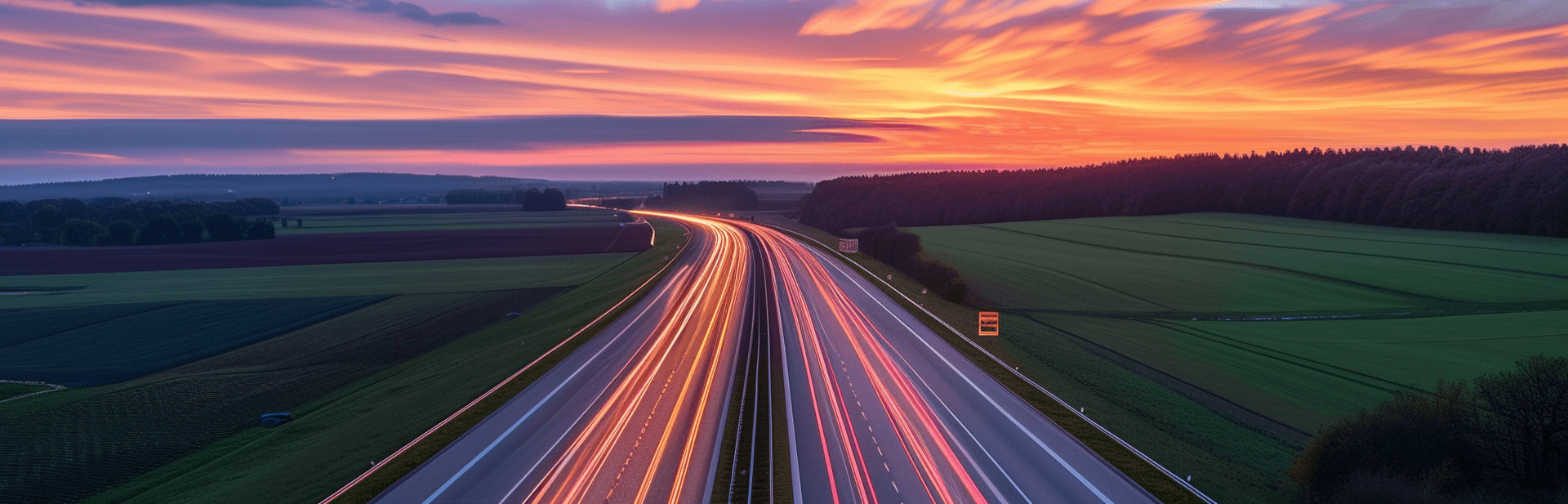 Bild einer Autobahn in Sachsen bei Sonnenuntergang.
